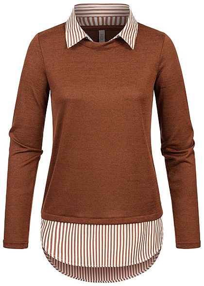 Hailys Damen 2in1 Turn-Up Longsleeve mit Bluseneinsatz toffe dunkel braun melange