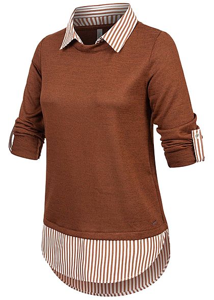 Hailys Damen 2in1 Turn-Up Longsleeve mit Bluseneinsatz toffe dunkel braun melange