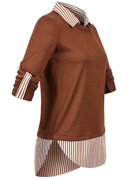 Hailys Damen 2in1 Turn-Up Longsleeve mit Bluseneinsatz toffe dunkel braun melange