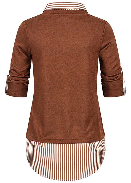 Hailys Damen 2in1 Turn-Up Longsleeve mit Bluseneinsatz toffe dunkel braun melange