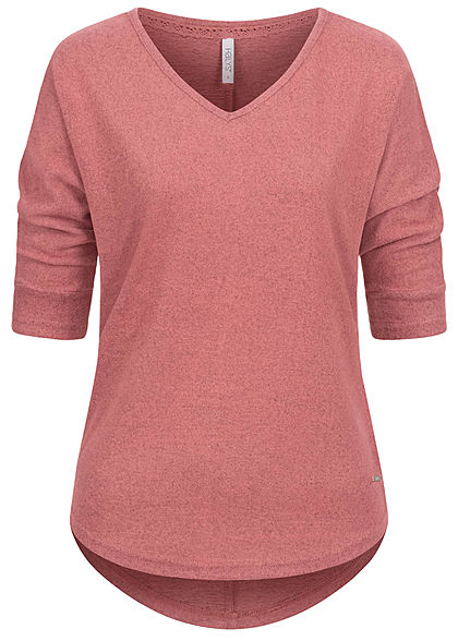 Hailys Damen 3/4 Fledermausarm V-Neck Melange Shirt Vokuhila dusty dunkel rosa