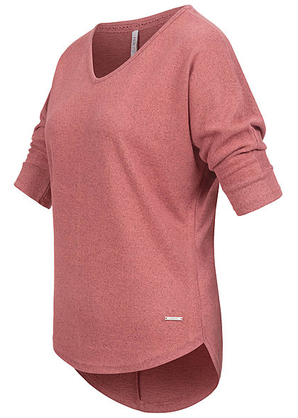 Hailys Damen 3/4 Fledermausarm V-Neck Melange Shirt Vokuhila dusty dunkel rosa