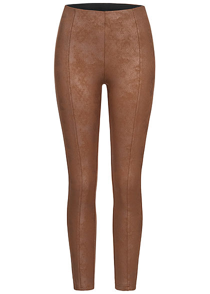 Hailys Damen Kunstleder Leggings 2 Deko Taschen hinten Gummibund cognac