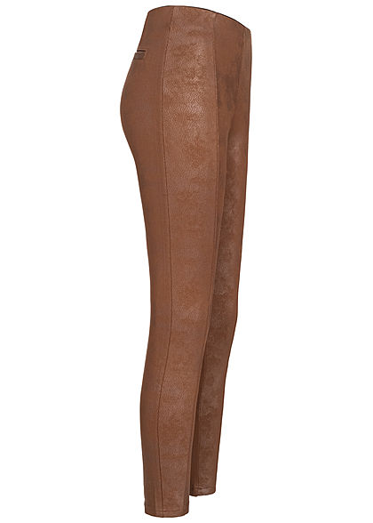 Hailys Damen Kunstleder Leggings 2 Deko Taschen hinten Gummibund cognac