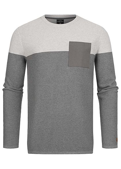 Sublevel Herren Ribbed 2-Tone Pullover Sweater Brusttasche hell grau dunkel grau