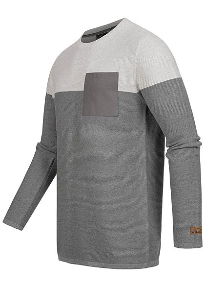 Sublevel Herren Ribbed 2-Tone Pullover Sweater Brusttasche hell grau dunkel grau