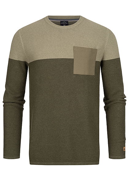 Sublevel Herren Ribbed 2-Tone Pullover Sweater Brusttasche oliv grün