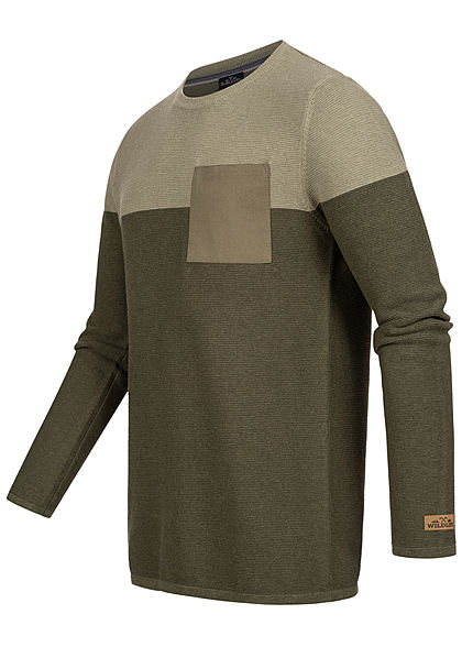 Sublevel Herren Ribbed 2-Tone Pullover Sweater Brusttasche oliv grün