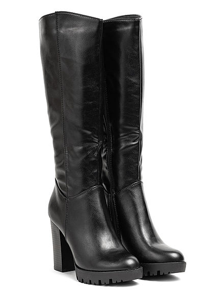 Seventyseven Lifestyle Damen Schuh Kunstleder Stiefel Blockabsatz 10cm schwarz