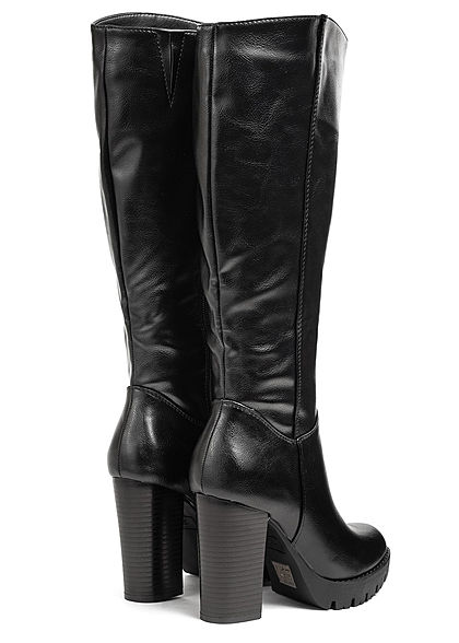 Seventyseven Lifestyle Damen Schuh Kunstleder Stiefel Blockabsatz 10cm schwarz
