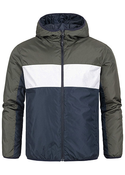 Brave Soul Herren Colorblock Übergangsjacke Kapuze 2-Pocket khaki weiss blau