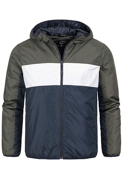 Brave Soul Herren Colorblock Übergangsjacke Kapuze 2-Pocket khaki weiss blau