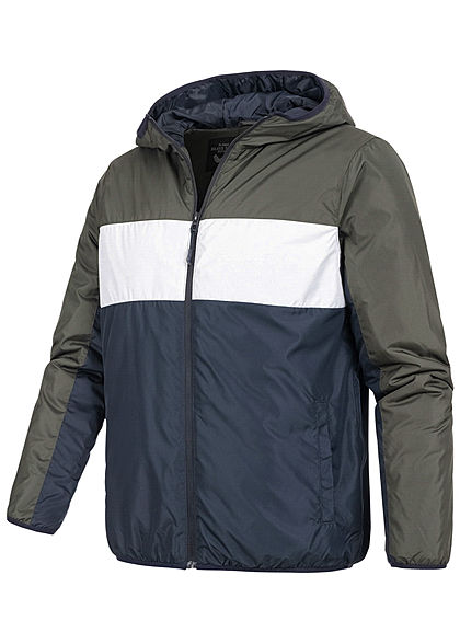 Brave Soul Herren Colorblock Übergangsjacke Kapuze 2-Pocket khaki weiss blau