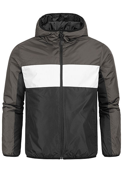 Brave Soul Herren Colorblock Übergangsjacke Kapuze 2-Pocket dunkel grau weiss schwarz