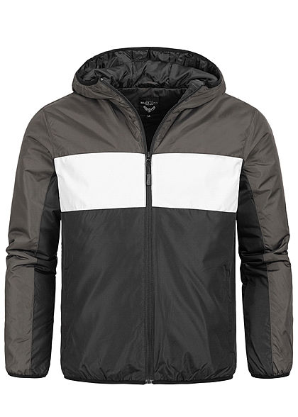 Brave Soul Herren Colorblock Übergangsjacke Kapuze 2-Pocket dunkel grau weiss schwarz