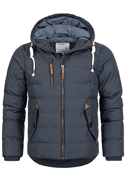 Brave Soul Herren Winter Steppjacke Kapuze 3-Pockets Kontrast Tunnelzug navy blau