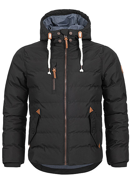 Brave Soul Herren Winter Steppjacke Kapuze 3-Pockets Kontrast Tunnelzug schwarz