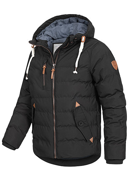 Brave Soul Herren Winter Steppjacke Kapuze 3-Pockets Kontrast Tunnelzug schwarz