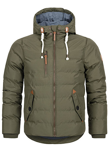 Brave Soul Herren Winter Steppjacke Kapuze 3-Pockets Kontrast Tunnelzug oliv grün