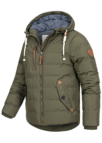 Brave Soul Herren Winter Steppjacke Kapuze 3-Pockets Kontrast Tunnelzug oliv grün