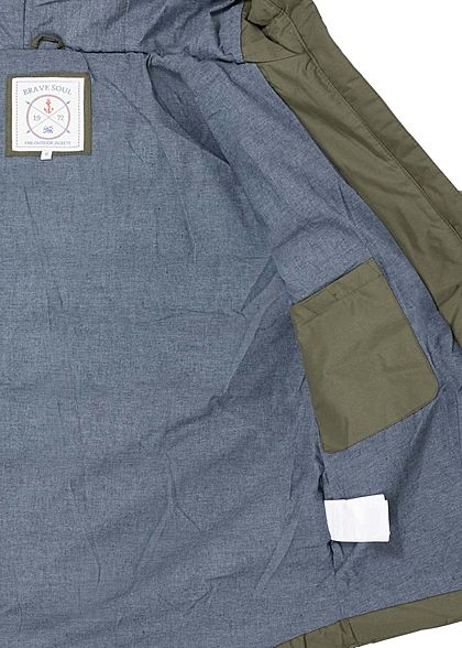 Brave Soul Herren Winter Steppjacke Kapuze 3-Pockets Kontrast Tunnelzug oliv grün