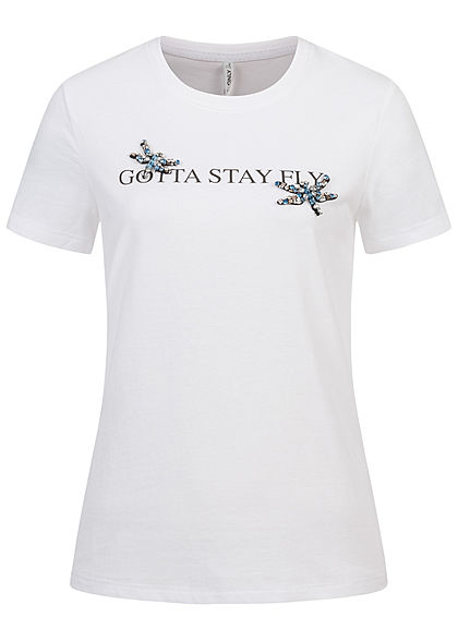 ONLY Damen T-Shirt Stay Fly Print mit Schmuckapplikationen bright weiss
