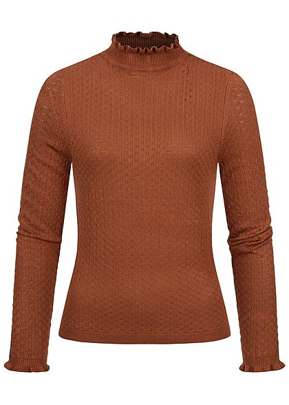 ONLY Damen High-Neck Struktur Strickpullover Longsleeve mit Frilldetails ginger braun