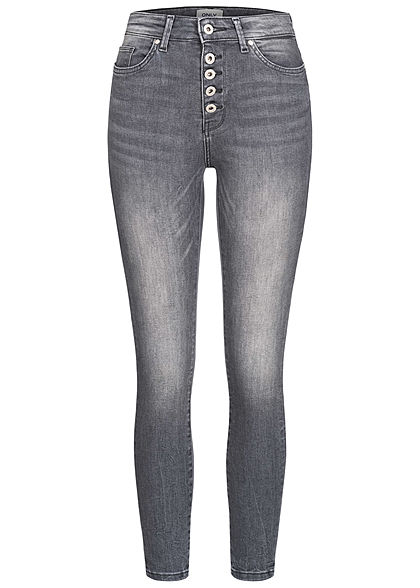 ONLY Damen Ankle Skinny Jeans Hose 5-Pockets High-Waist Knopfleiste grau denim