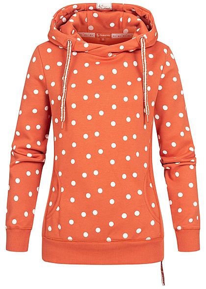 Sublevel Dames Hoodie Allover Stippen Patroon met overlappende Kap mango rood wit