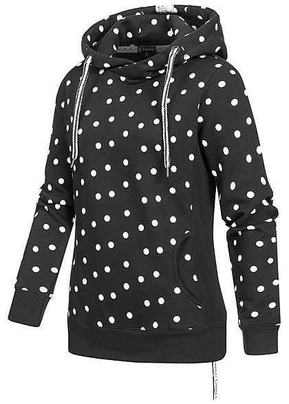 Sublevel Dames Hoodie Allover Stippen Patroon met overlappende Kap zwart wit