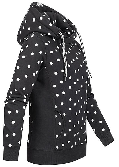 Sublevel Dames Hoodie Allover Stippen Patroon met overlappende Kap zwart wit