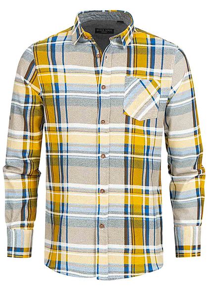 Brave Soul Herren Flanellhemd Karo Muster 2 Brusttaschen blau mustard gelb braun