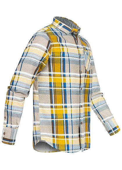 Brave Soul Herren Flanellhemd Karo Muster 2 Brusttaschen blau mustard gelb braun