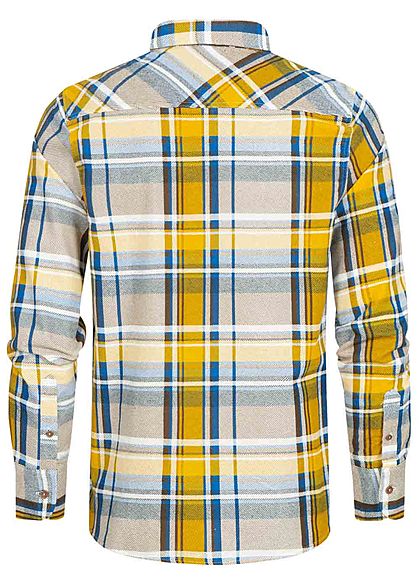 Brave Soul Herren Flanellhemd Karo Muster 2 Brusttaschen blau mustard gelb braun