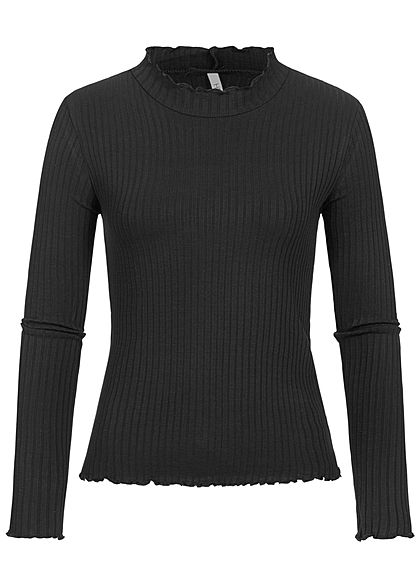 Hailys Damen High-Neck Ribbed Longsleeve mit Frill Details schwarz