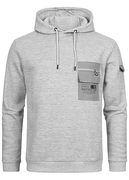 Brave Soul Herren Sweat Hoodie mit Brusttasche Kapuze & Tunnelzug hell grau melange
