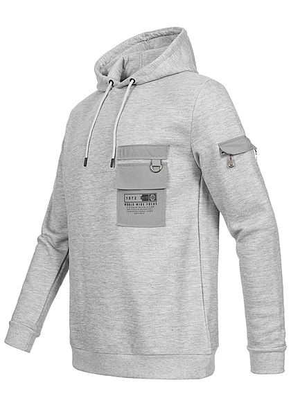 Brave Soul Herren Sweat Hoodie mit Brusttasche Kapuze & Tunnelzug hell grau melange