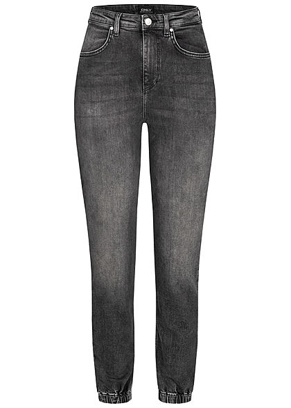 ONLY Damen Ankle Baggy Jeans Hose 4-Pockets High-Waist Gummibund dunkel grau denim - Art.-Nr.: 20094479
