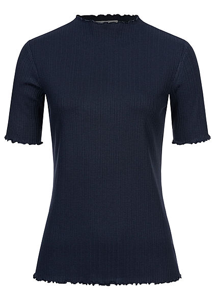 Tom Tailor Damen Ribbed Frill T-Shirt mit Stehkragen sky captain blau