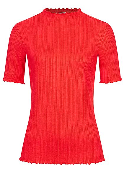 Tom Tailor Damen Ribbed Frill T-Shirt mit Stehkragen strong rot