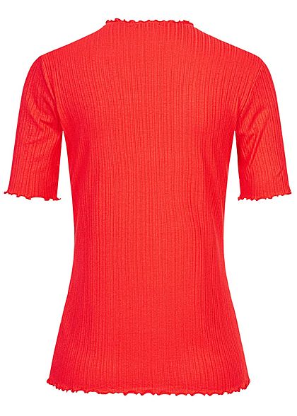 Tom Tailor Damen Ribbed Frill T-Shirt mit Stehkragen strong rot