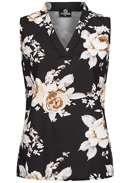 Styleboom Fashion Damen V-Neck Bluse Blumen Print schwarz