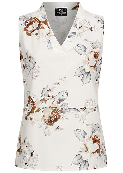 Styleboom Fashion Damen V-Neck Bluse Blumen Print weiss