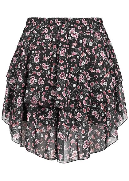 Styleboom Fashion Damen Mini Stufenrock 2-lagig Blumen Muster schwarz pink