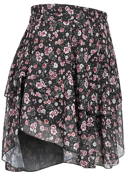 Styleboom Fashion Damen Mini Stufenrock 2-lagig Blumen Muster schwarz pink