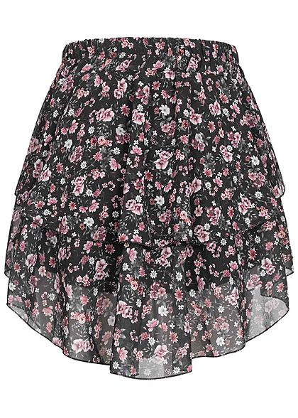 Styleboom Fashion Damen Mini Stufenrock 2-lagig Blumen Muster schwarz pink