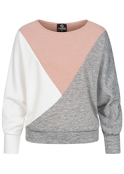 Styleboom Fashion Damen Colorblock Zick Zack Pullover Sweater grau rosa weiss
