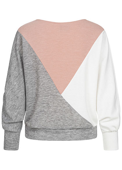 Styleboom Fashion Damen Colorblock Zick Zack Pullover Sweater grau rosa weiss