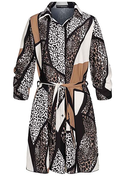 Styleboom Fashion Damen Turn-Up Crepe Kleid Leo ZigZag Print inkl. Gürtel braun