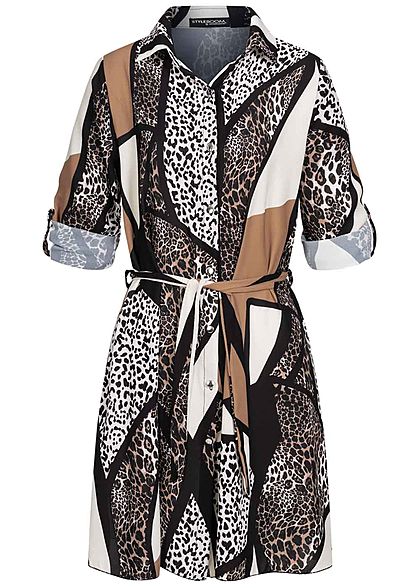 Styleboom Fashion Damen Turn-Up Crepe Kleid Leo ZigZag Print inkl. Gürtel braun